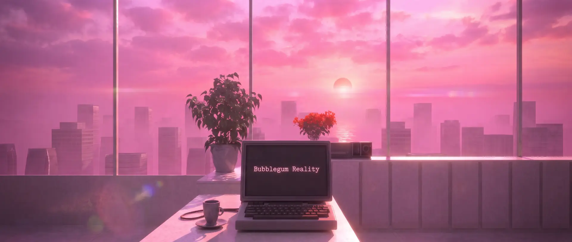 Bubblegum Reality — a vintage terminal on a desk against a dusky rose skyline